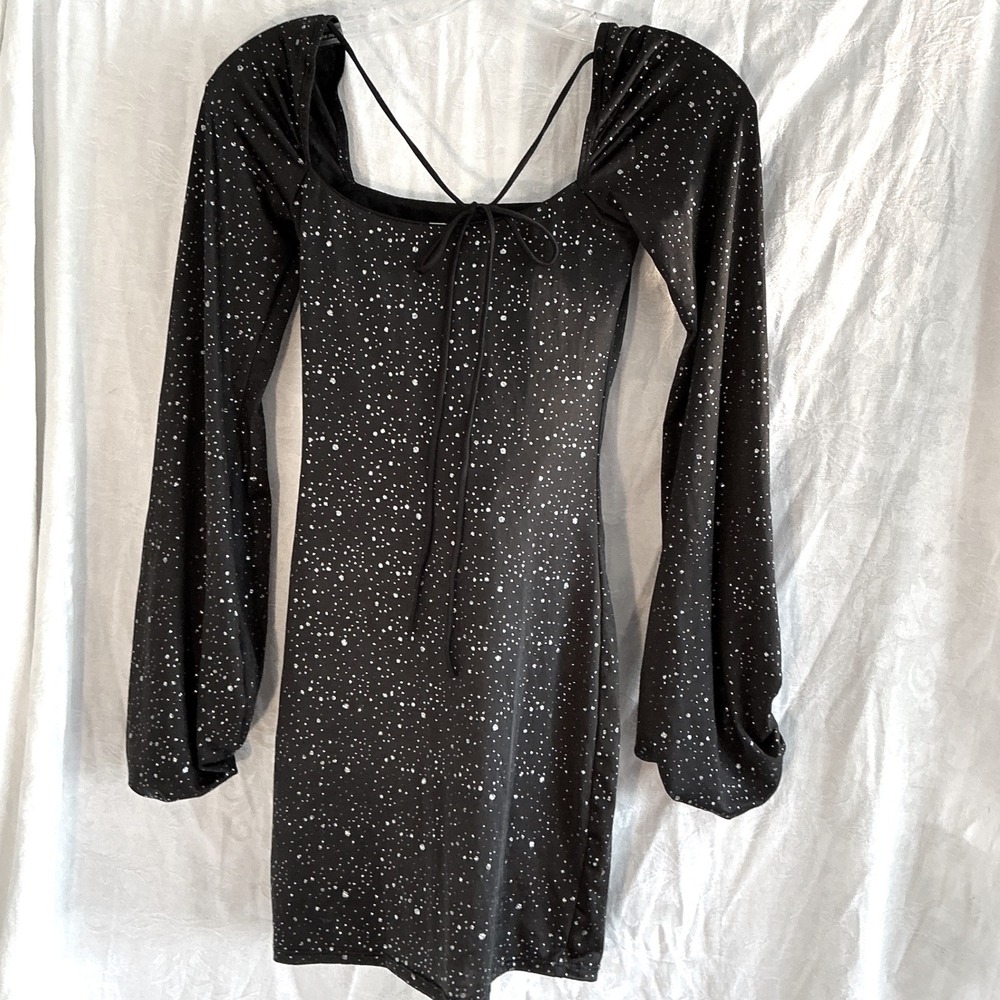 Lucy in the Sky Mini Dress Womens XS Black Glitter Star Balloon Sleeve Excellent